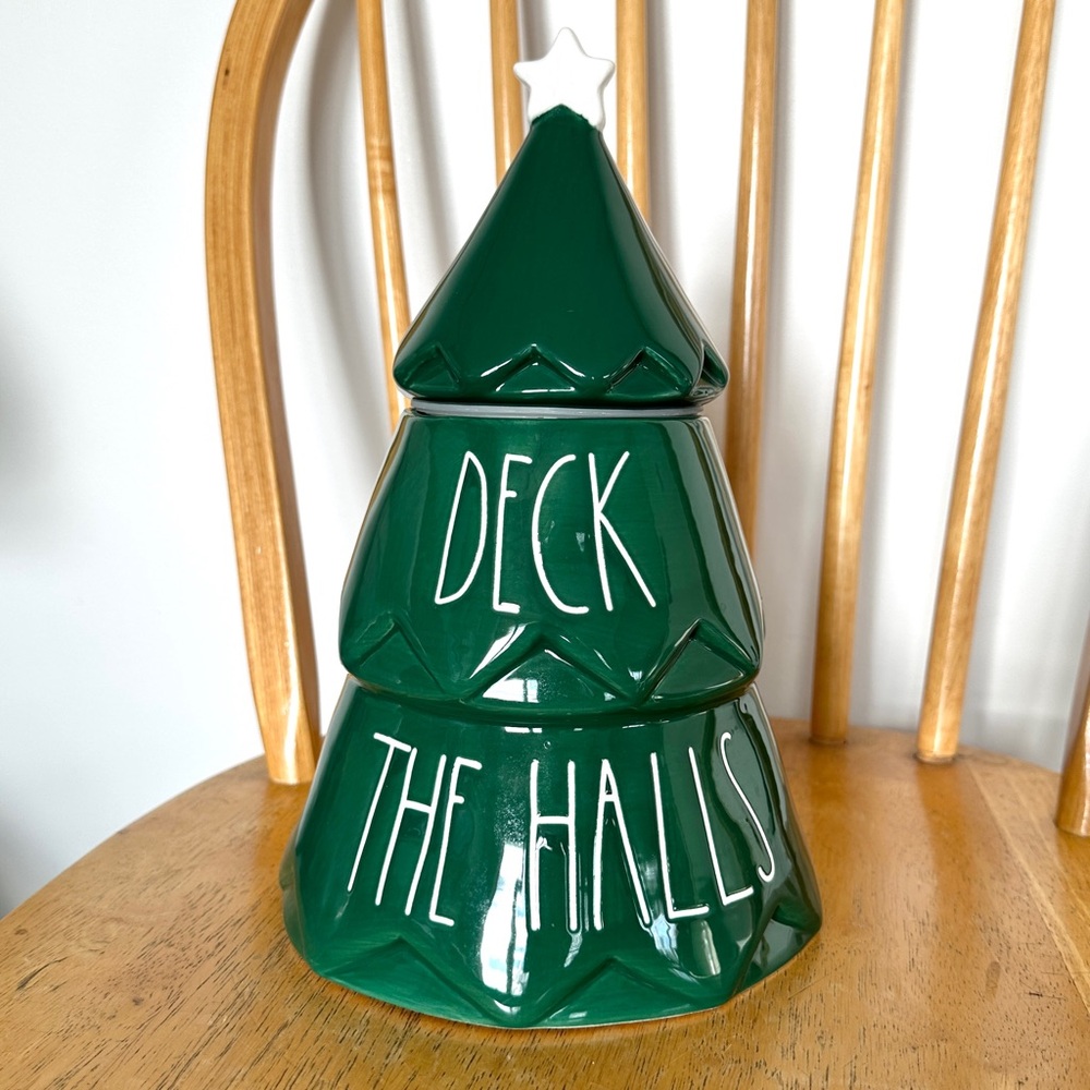 Rae Dunn Deck the Halls Christmas Tree Cookie Jar Green Cannister
